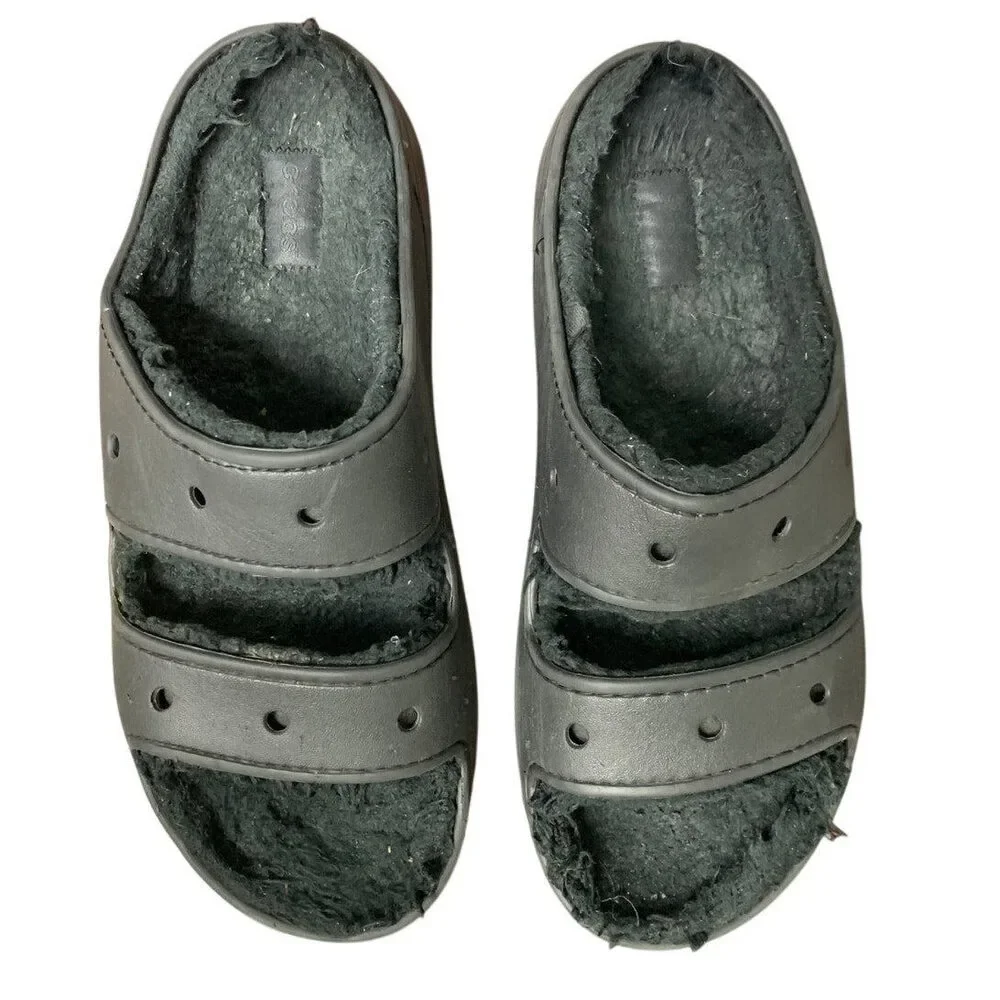 Crocs Mens 11 Womens 13 Black Fuzzy Inside Slide On Classic Cozzzy Sandal Shoes